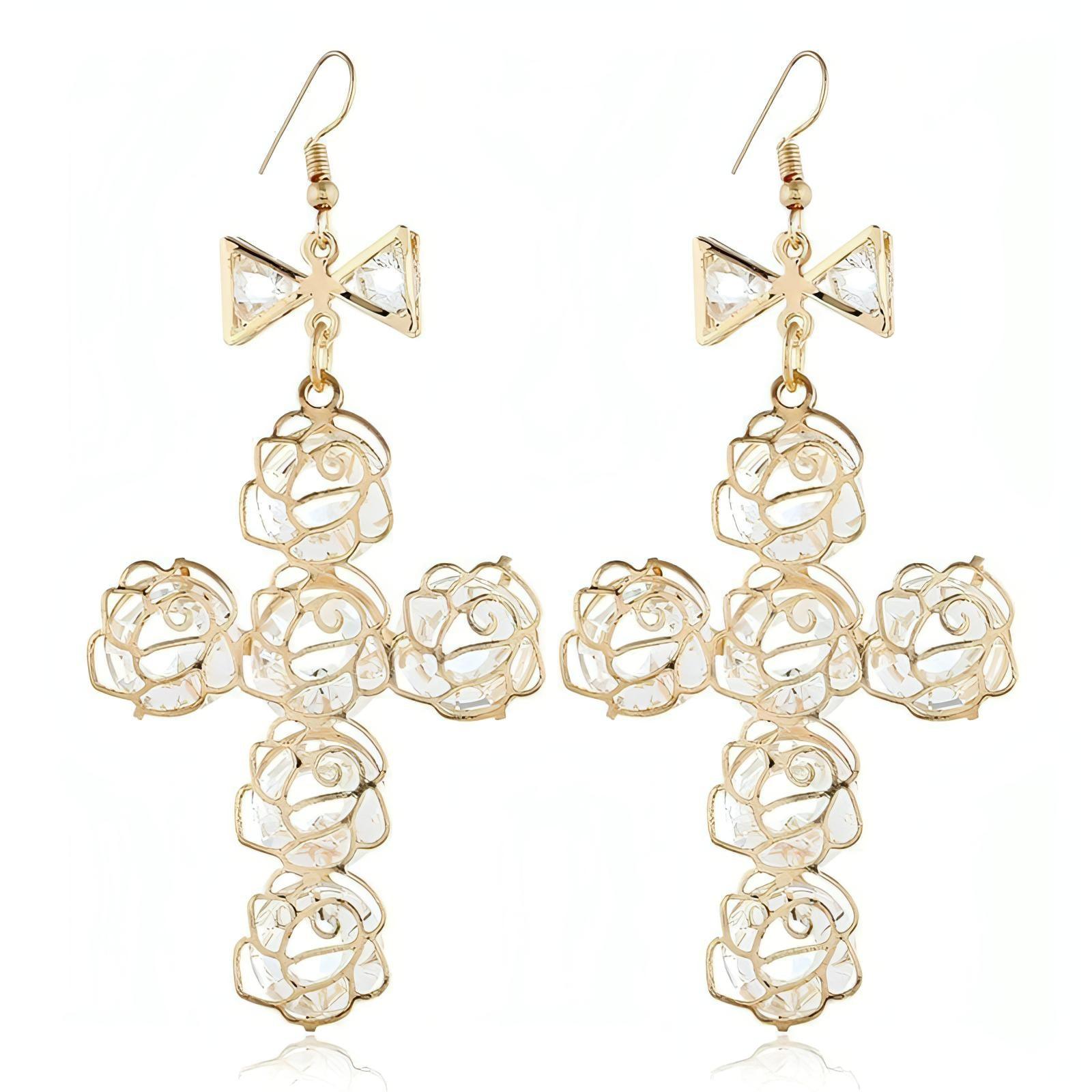 Big Gold Plated Lightweight Wire Bow Cross Crystal Fish Hook Earrings - Shop The Docks
