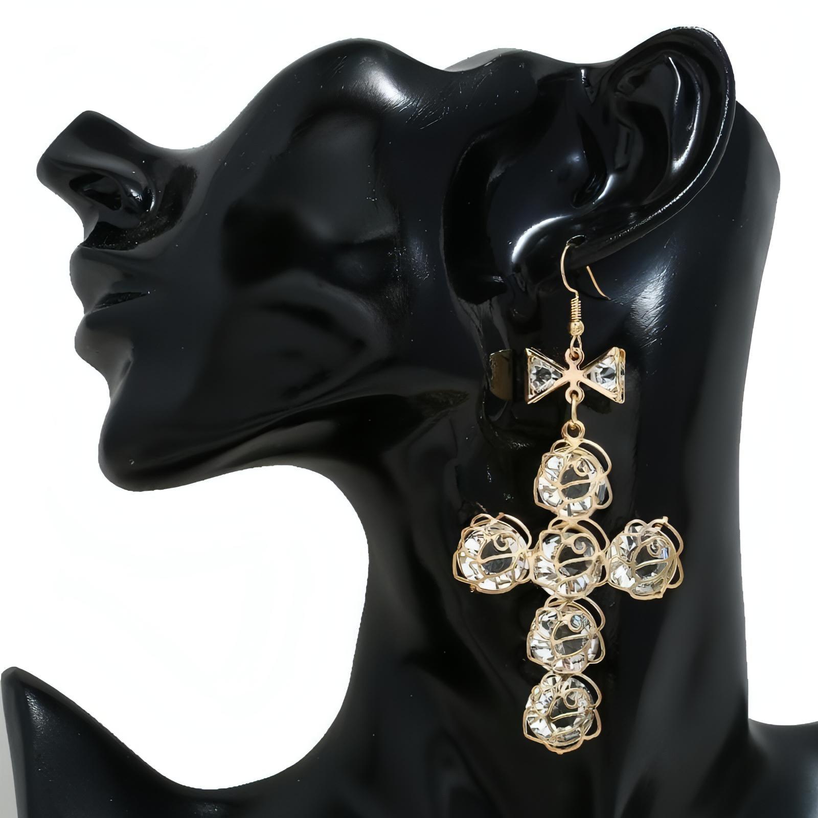 Big Gold Plated Lightweight Wire Bow Cross Crystal Fish Hook Earrings - Shop The Docks