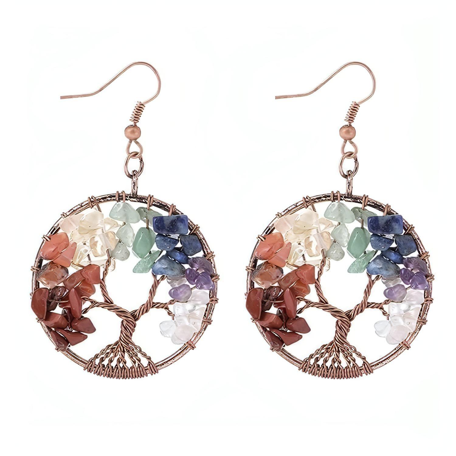 Colorful Crystal Natural Stone Tree Of Life Drop Earrings - Shop The Docks