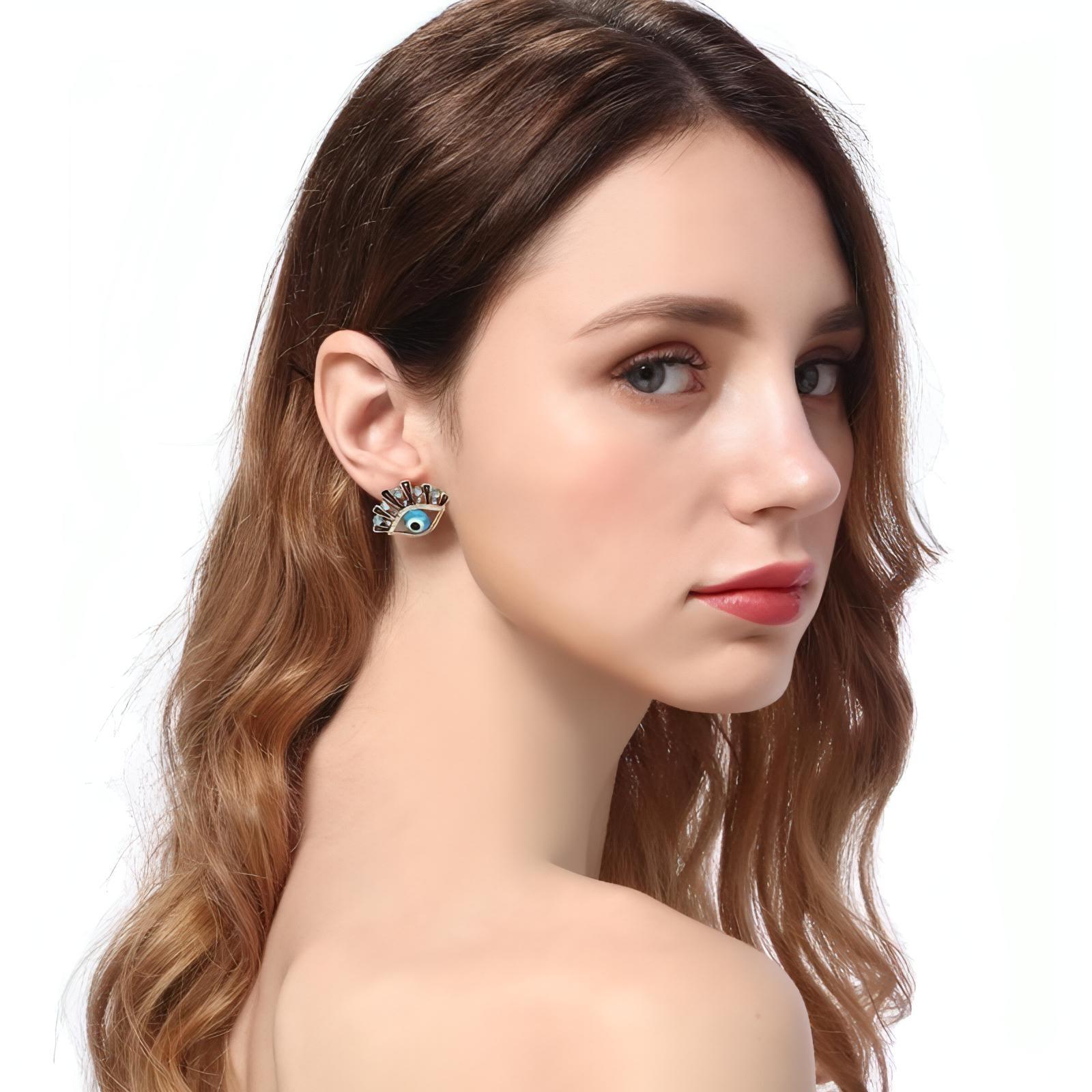 Gold Plated Lucky Evil Eye Post Earrings Blue Rhinestone - Shop The Docks