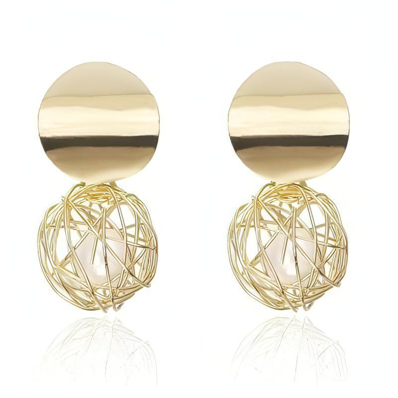 Hollow Wire Circle Geometric Imitation Pearl Ball Post Earrings - Shop The Docks