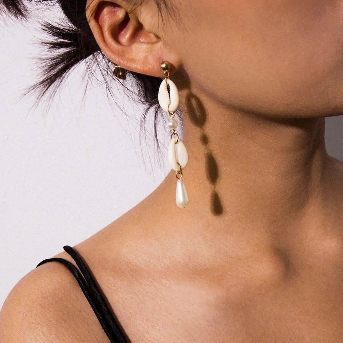 Imitation Cowrie Shell & Pearl Dangle Post Earrings - Shop The Docks