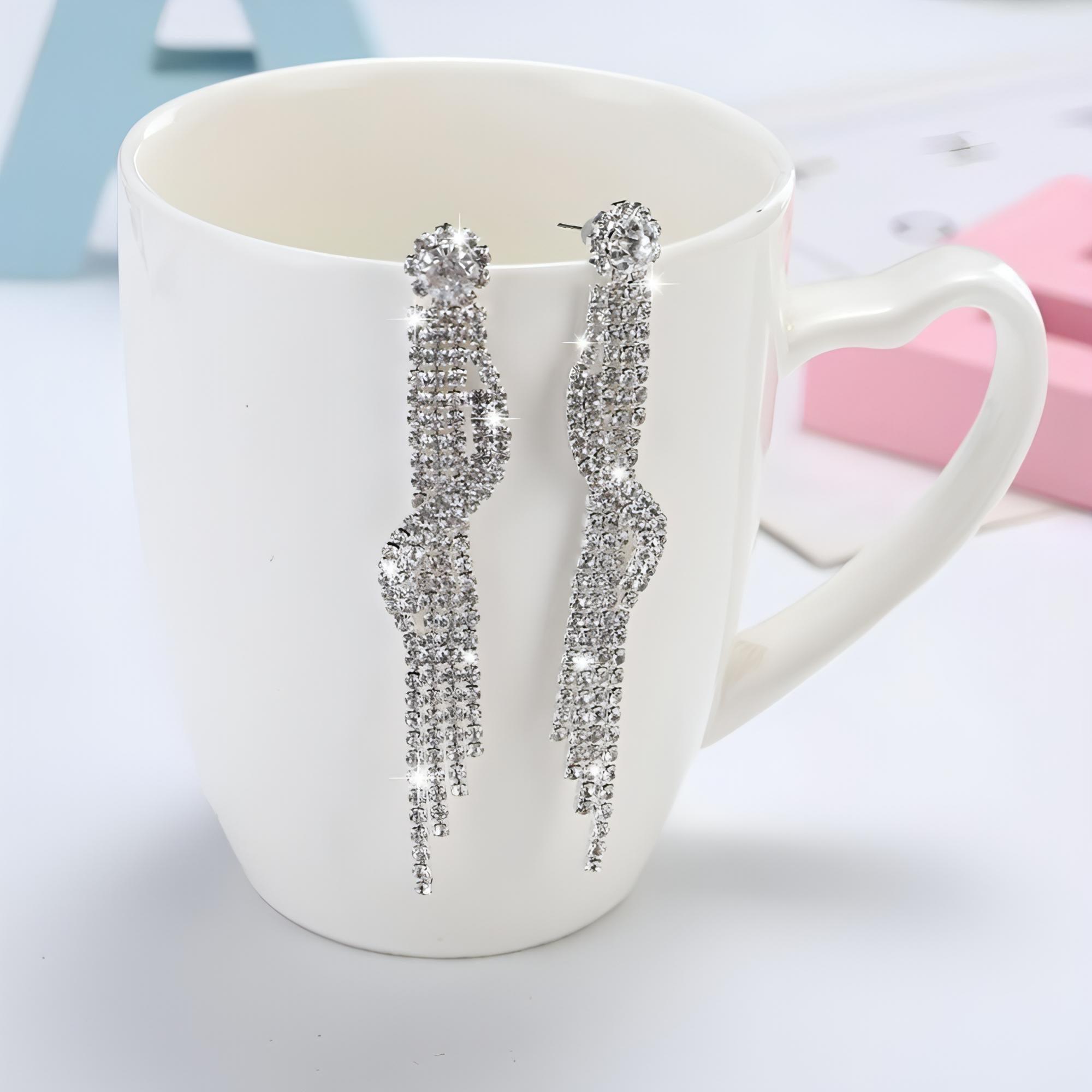 Luxury Statement Long Full Crystal Rhinestone Silver Chain Tassel Earrings - Shop The Docks