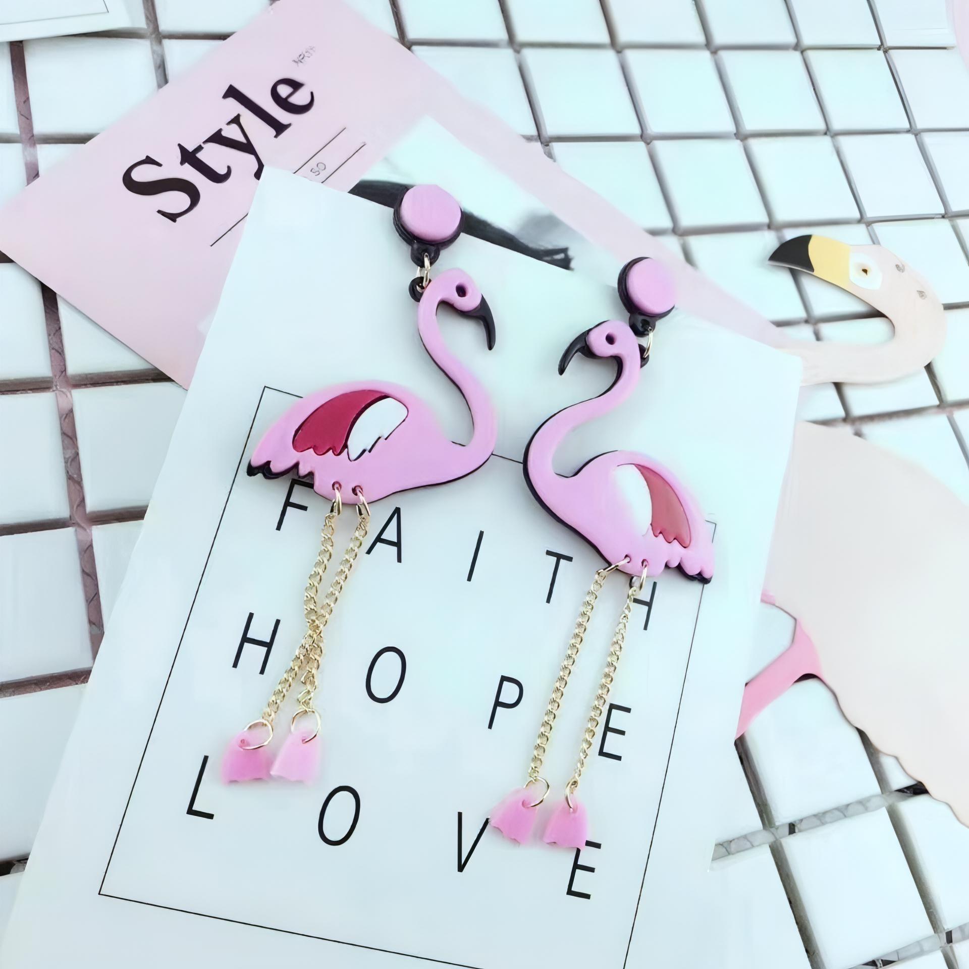 Pink Flamingo Dangle Earrings With Long Chain - Shop The Docks