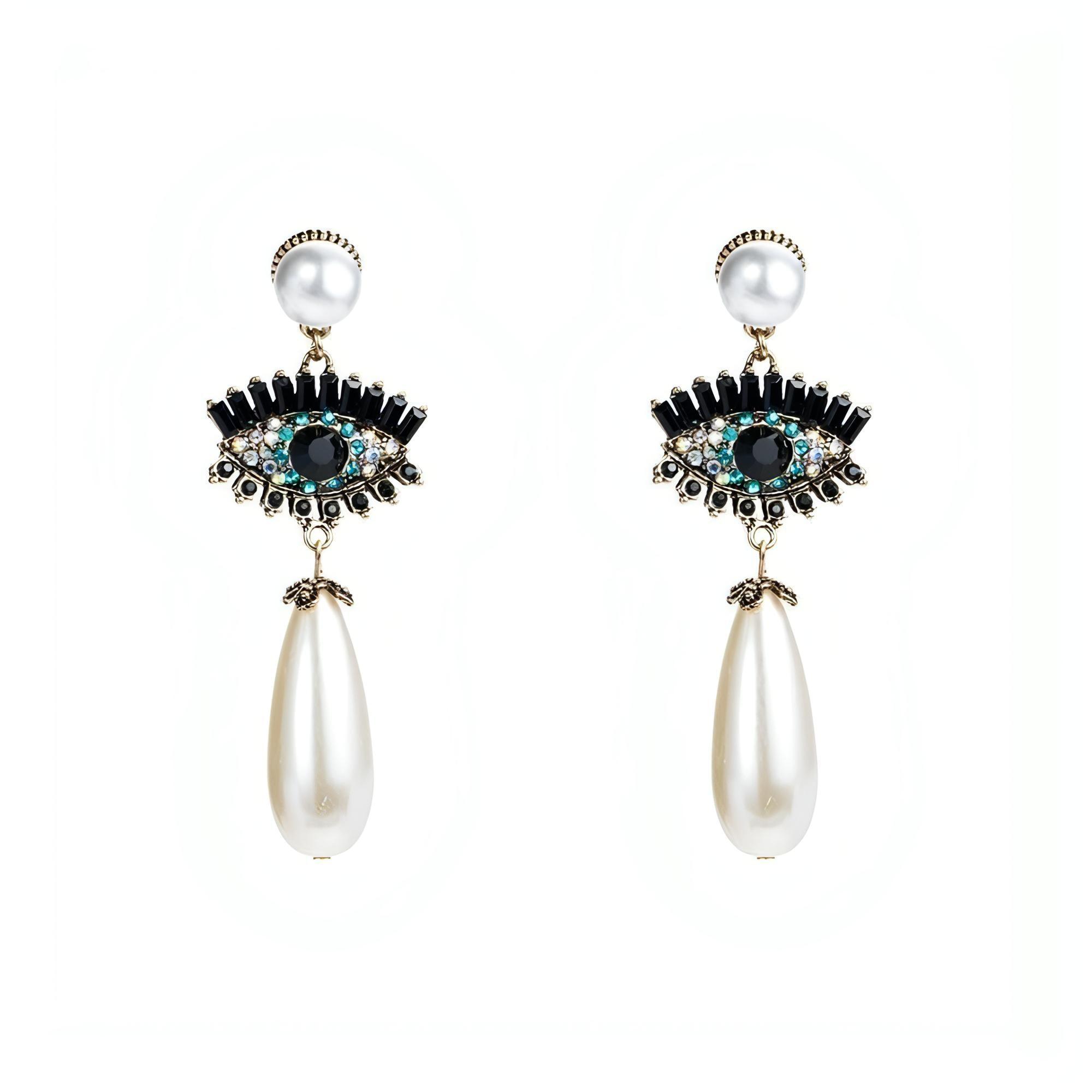 Rhinestone Evil Eye With Imitation Water Drop Pearl Dangle Earrings - Shop The Docks