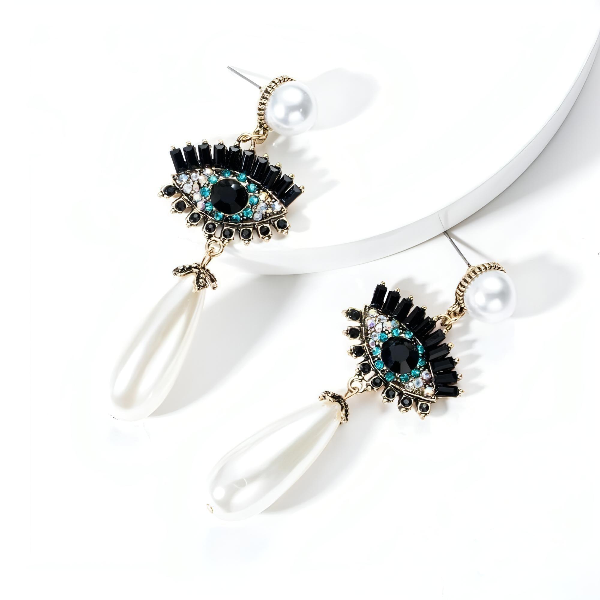 Rhinestone Evil Eye With Imitation Water Drop Pearl Dangle Earrings - Shop The Docks