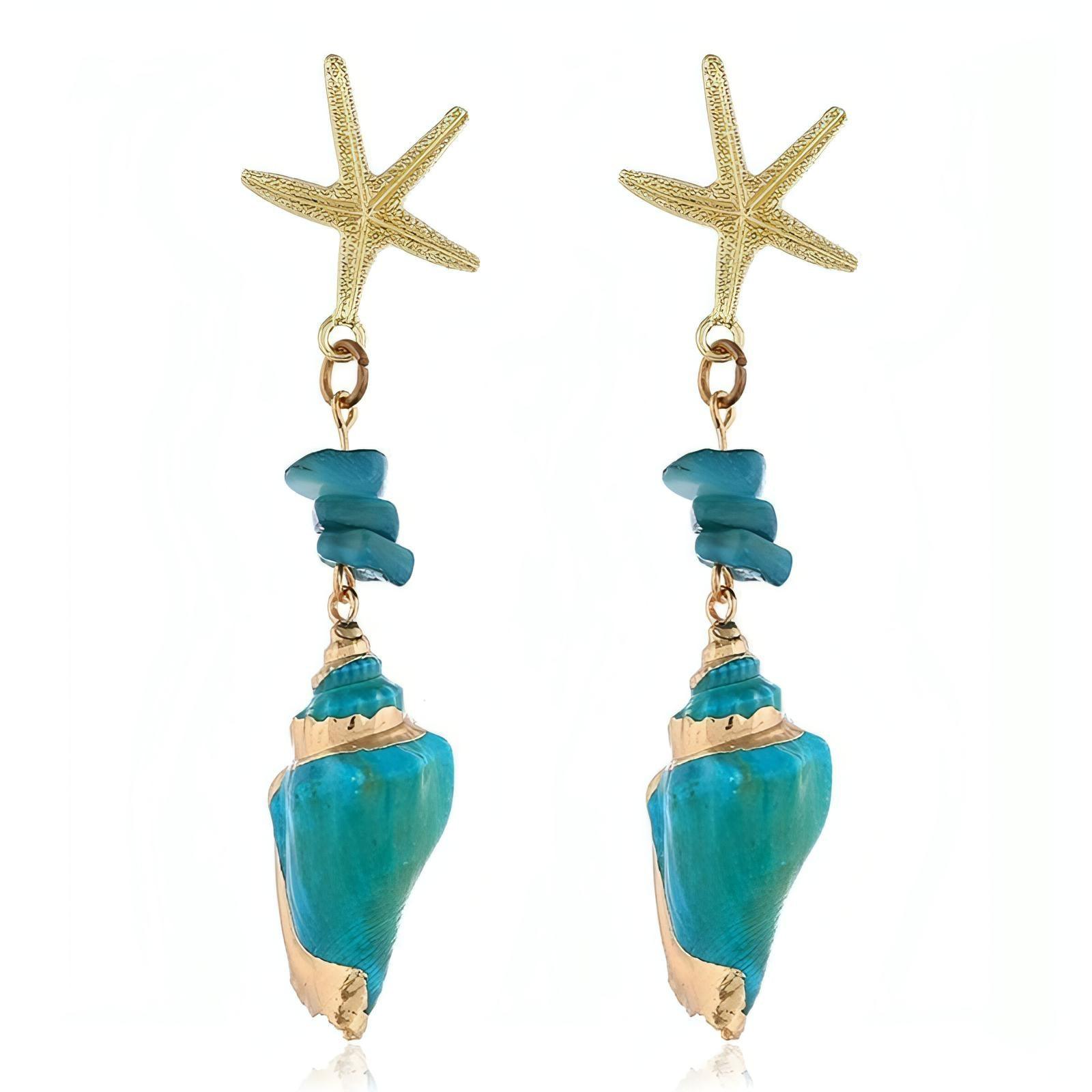 Turquoise & Gold Colored Conch Shell Starfish Dangle Earrings - Shop The Docks