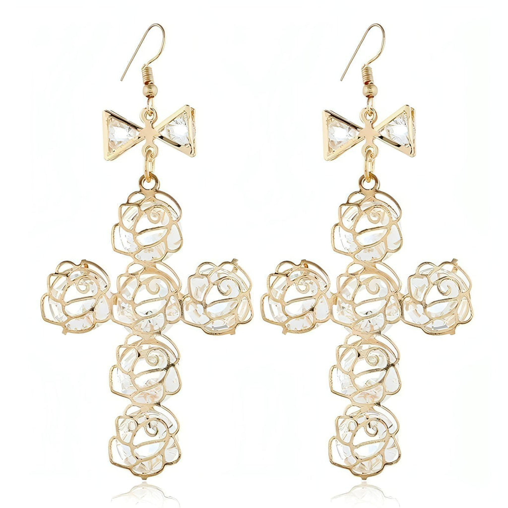 Big Gold Plated Lightweight Wire Bow Cross Crystal Fish Hook Earrings - Shop The Docks