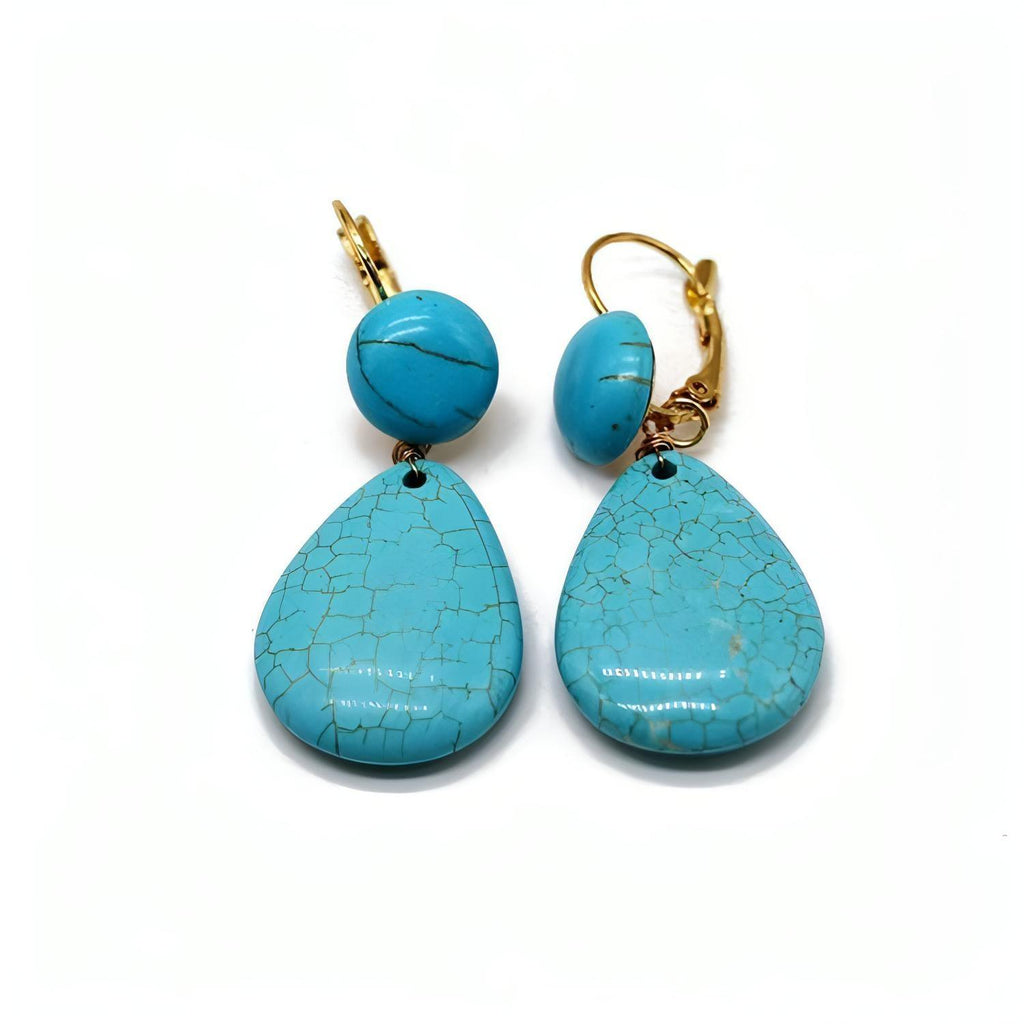 Gold Plated Leverback Earrings With Dangle Imitation Turquoise Teardrop - Shop The Docks