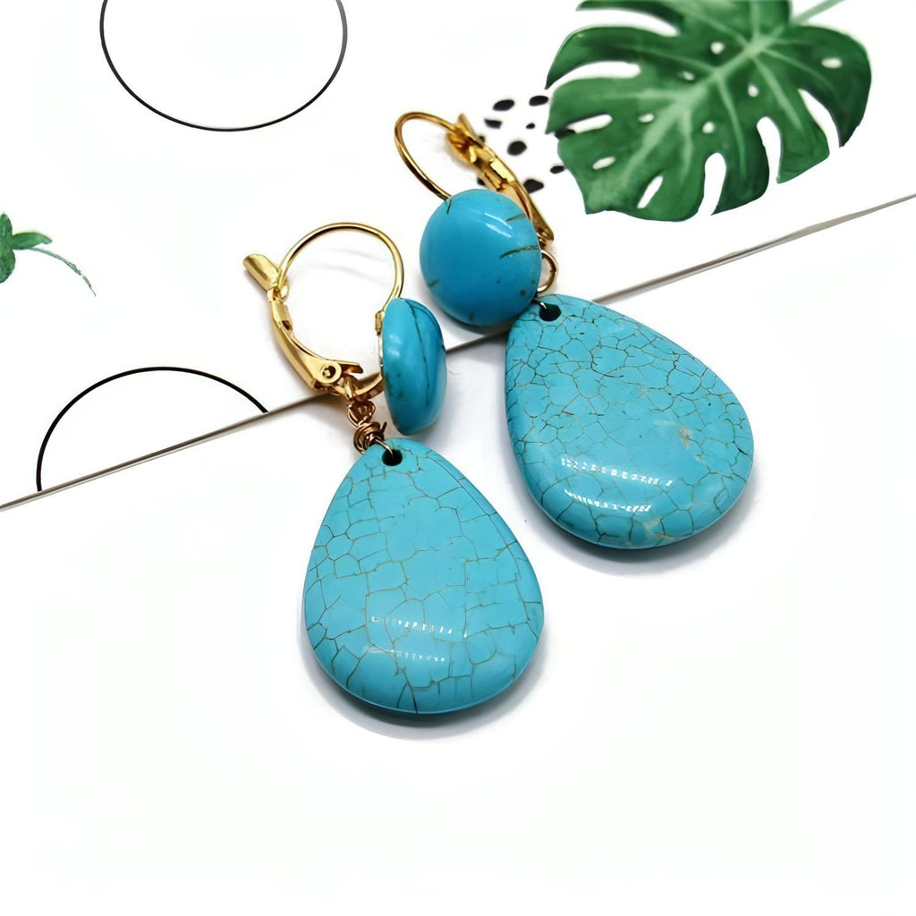 Gold Plated Leverback Earrings With Dangle Imitation Turquoise Teardrop - Shop The Docks