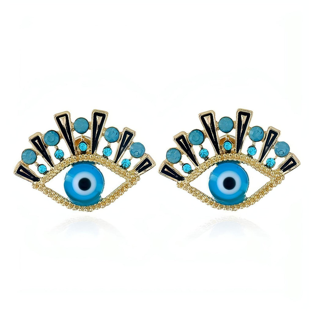 Gold Plated Lucky Evil Eye Post Earrings Blue Rhinestone - Shop The Docks