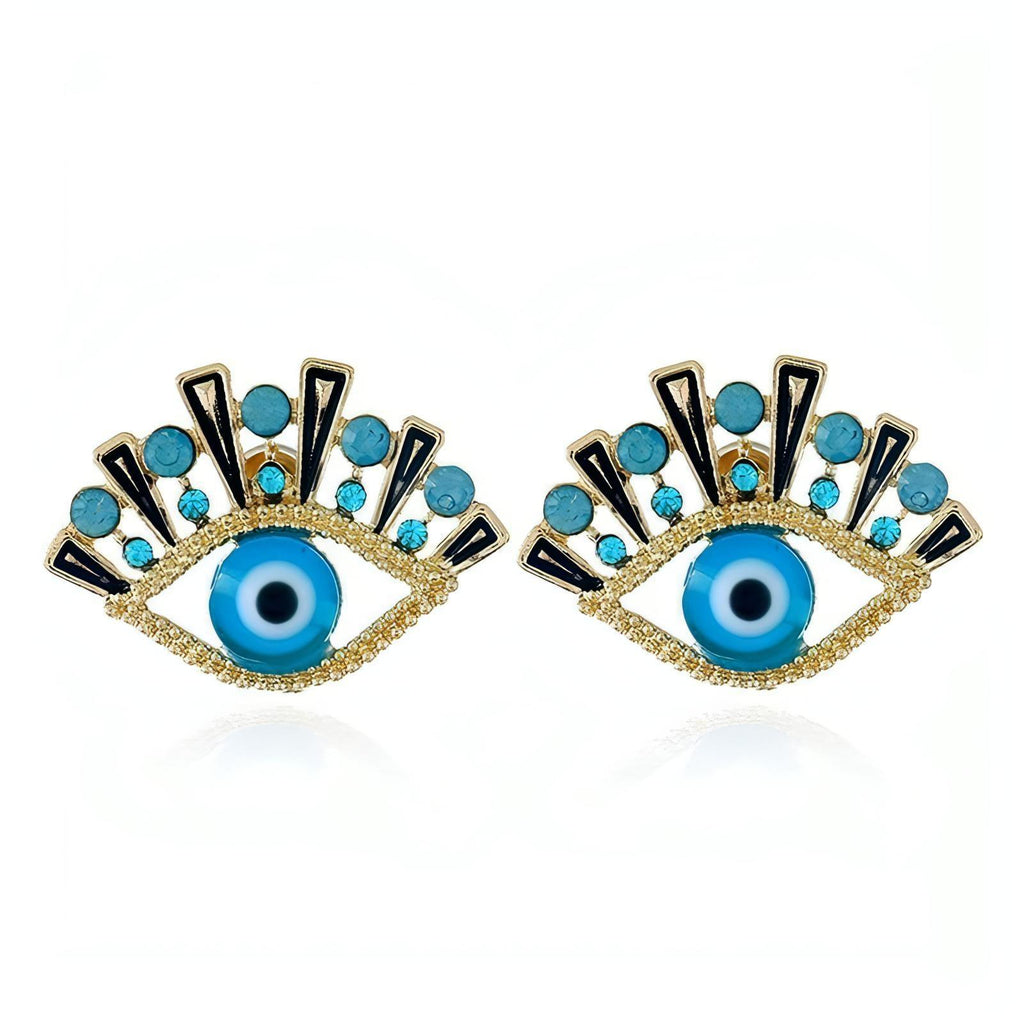 Gold Plated Lucky Evil Eye Post Earrings Blue Rhinestone - Shop The Docks