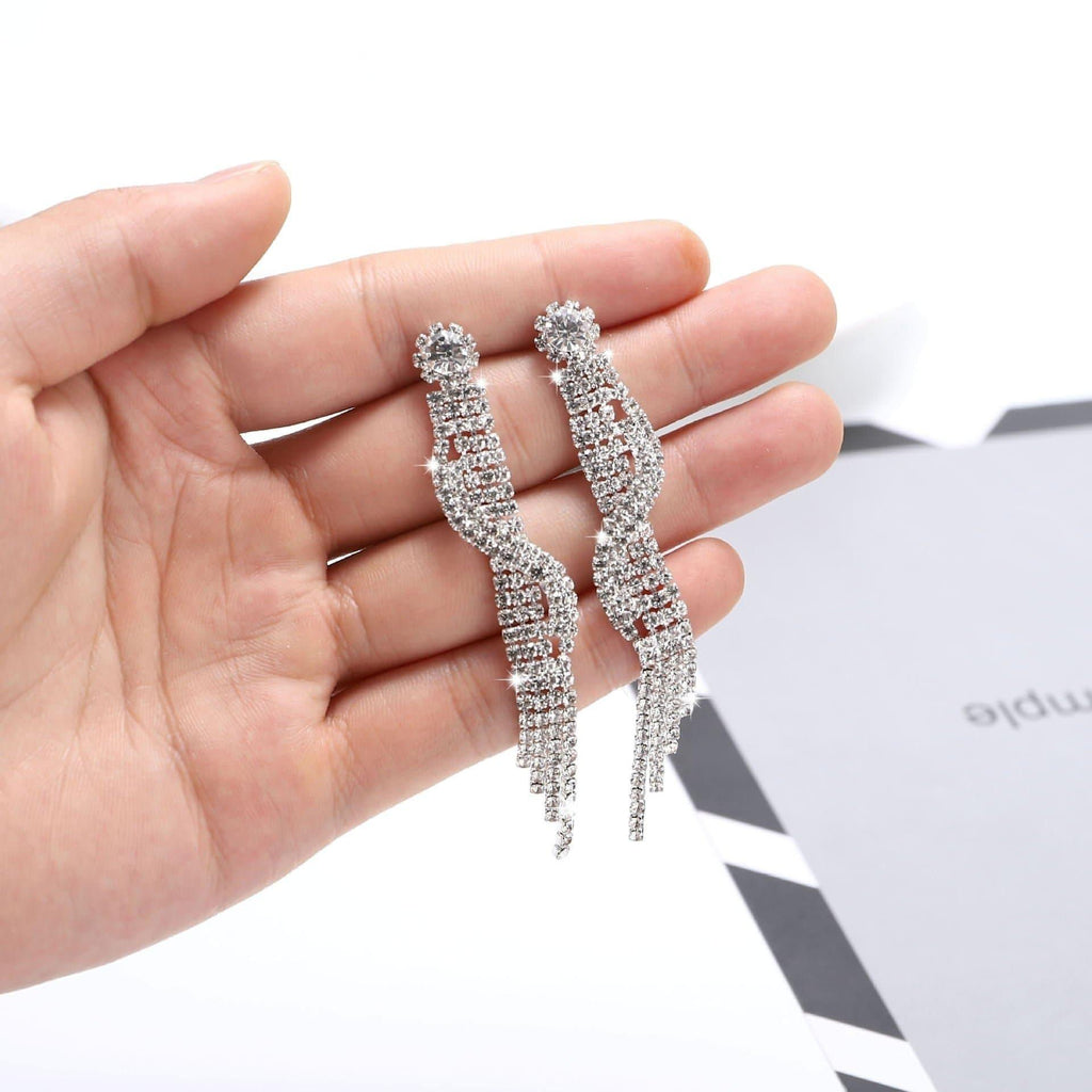 Luxury Statement Long Full Crystal Rhinestone Silver Chain Tassel Earrings - Shop The Docks