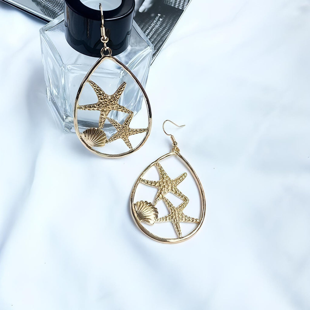 Oval Metal Gold Plated Starfish Shell Hook Earrings - Shop The Docks