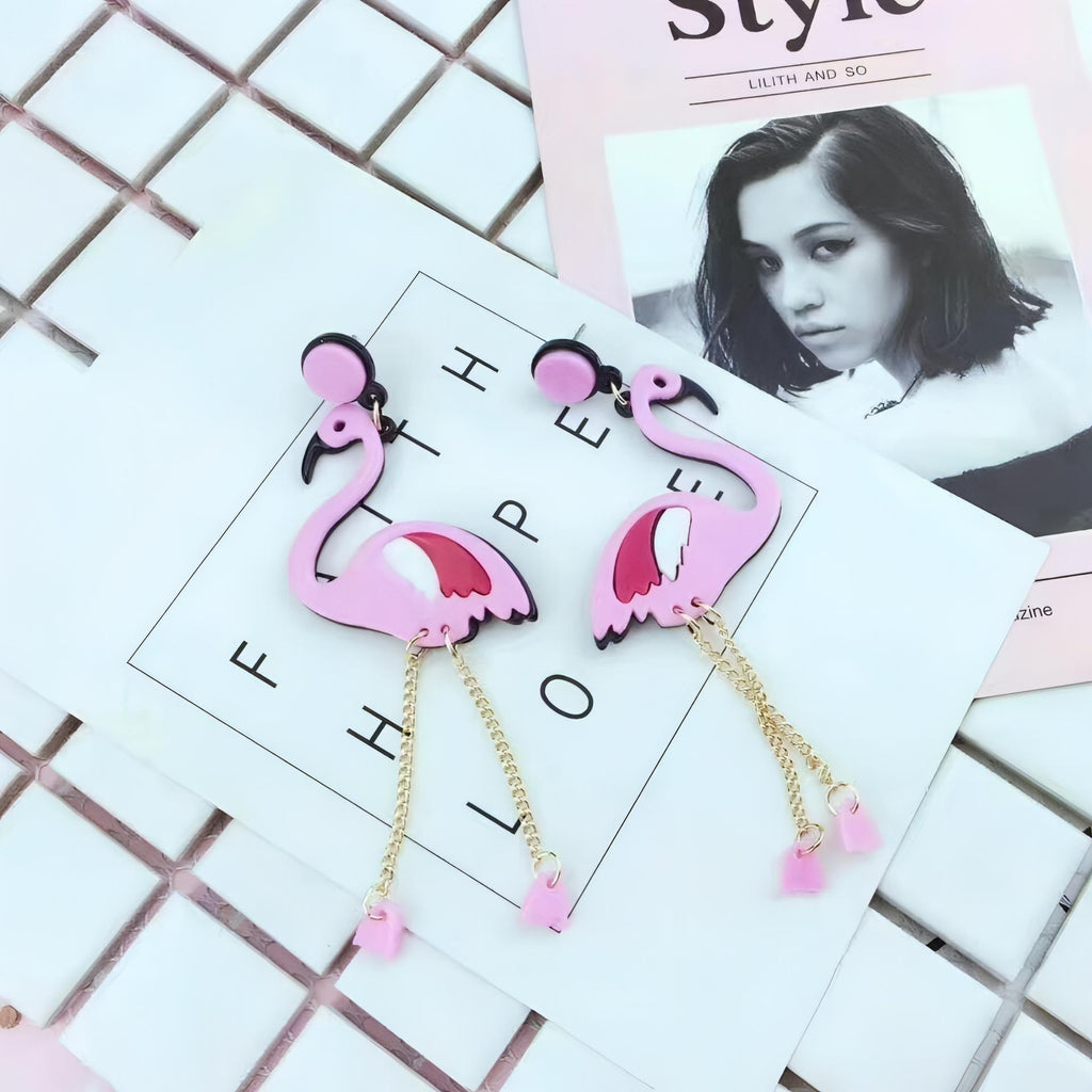 Pink Flamingo Dangle Earrings With Long Chain - Shop The Docks