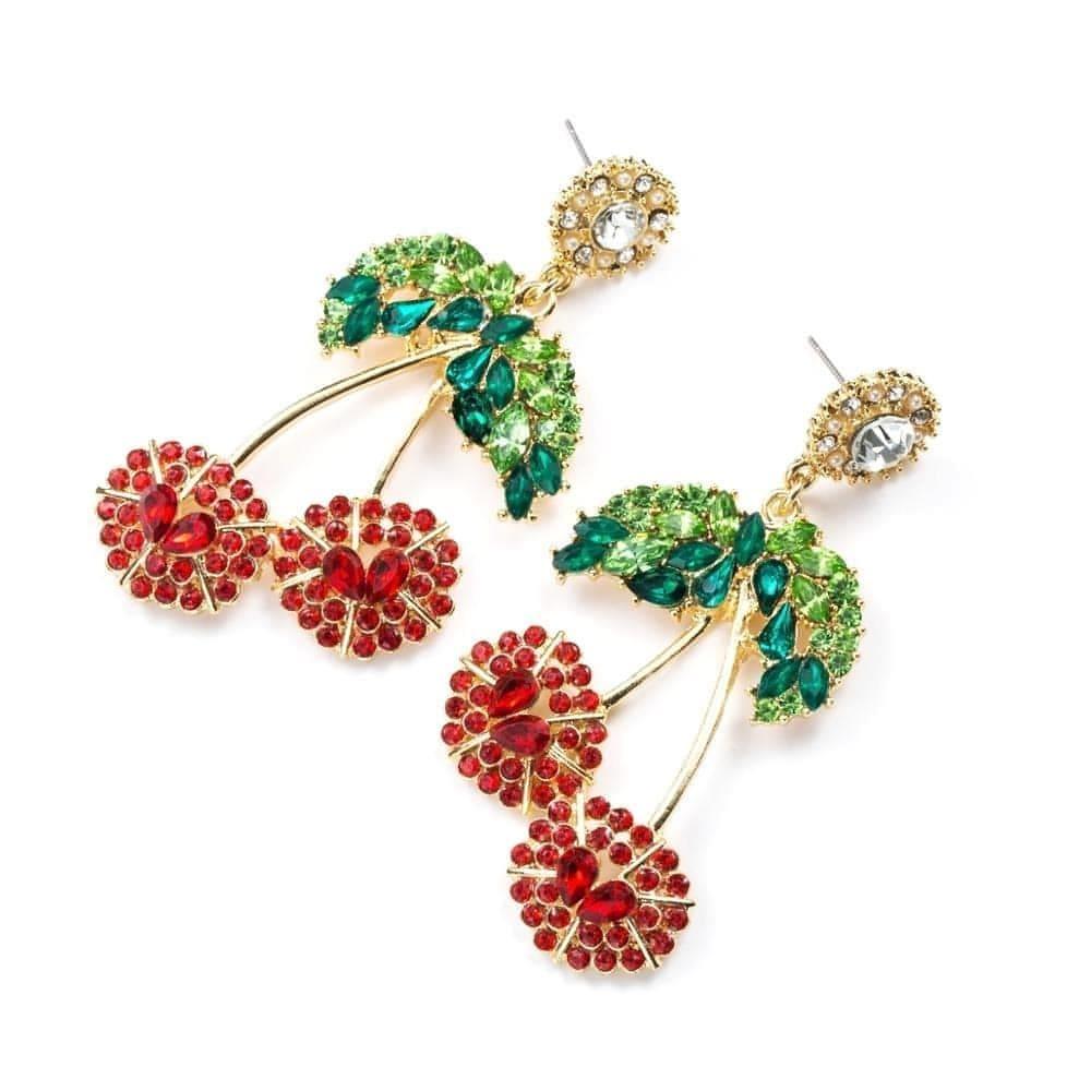 Rhinestone Red Cherry Drop Earrings With Green Crystal Leaf - Shop The Docks