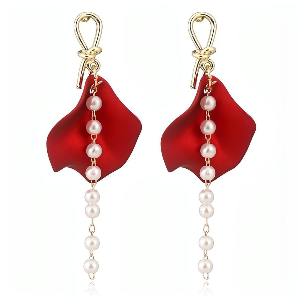 Trendy Red Petal With Dangle Imitation Pearl Post Earrings - Shop The Docks
