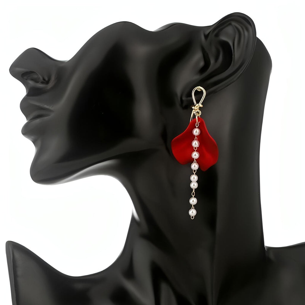 Trendy Red Petal With Dangle Imitation Pearl Post Earrings - Shop The Docks